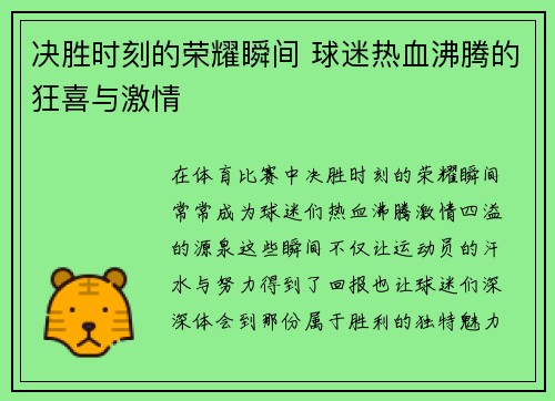 决胜时刻的荣耀瞬间 球迷热血沸腾的狂喜与激情