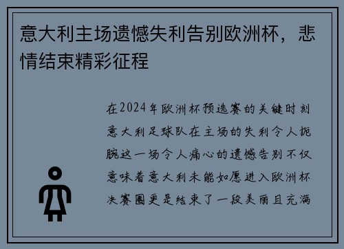 意大利主场遗憾失利告别欧洲杯，悲情结束精彩征程