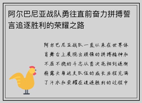 阿尔巴尼亚战队勇往直前奋力拼搏誓言追逐胜利的荣耀之路