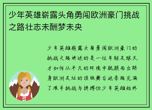 少年英雄崭露头角勇闯欧洲豪门挑战之路壮志未酬梦未央