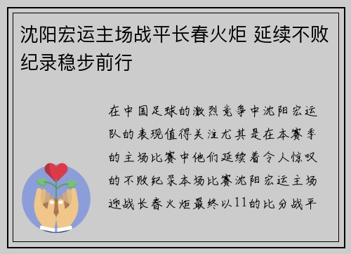 沈阳宏运主场战平长春火炬 延续不败纪录稳步前行