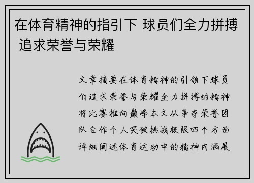 在体育精神的指引下 球员们全力拼搏 追求荣誉与荣耀