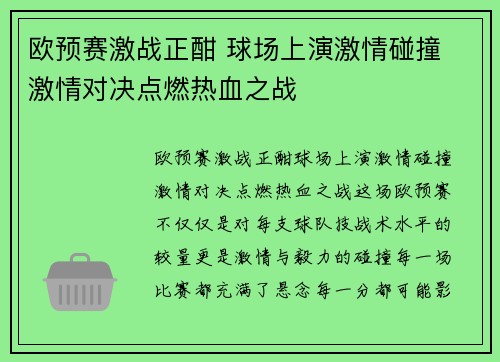欧预赛激战正酣 球场上演激情碰撞 激情对决点燃热血之战