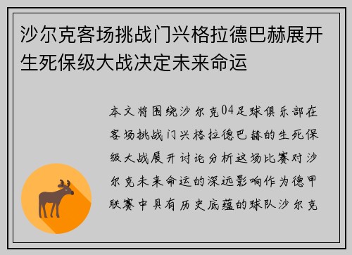 沙尔克客场挑战门兴格拉德巴赫展开生死保级大战决定未来命运