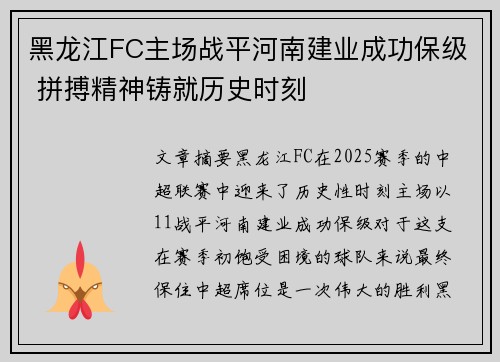 黑龙江FC主场战平河南建业成功保级 拼搏精神铸就历史时刻